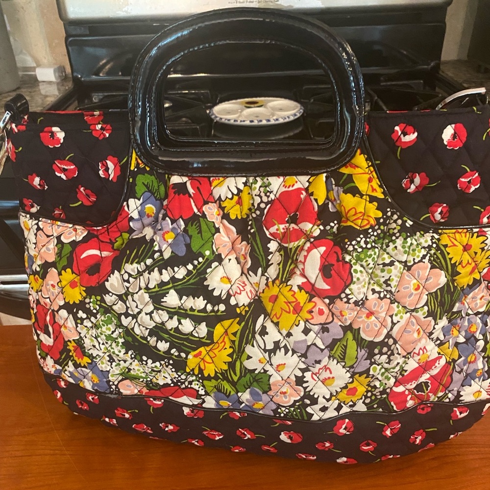 Vera Bradley Poppy Fields Charleston Quilted & Patent Leather Purse Tote Retired